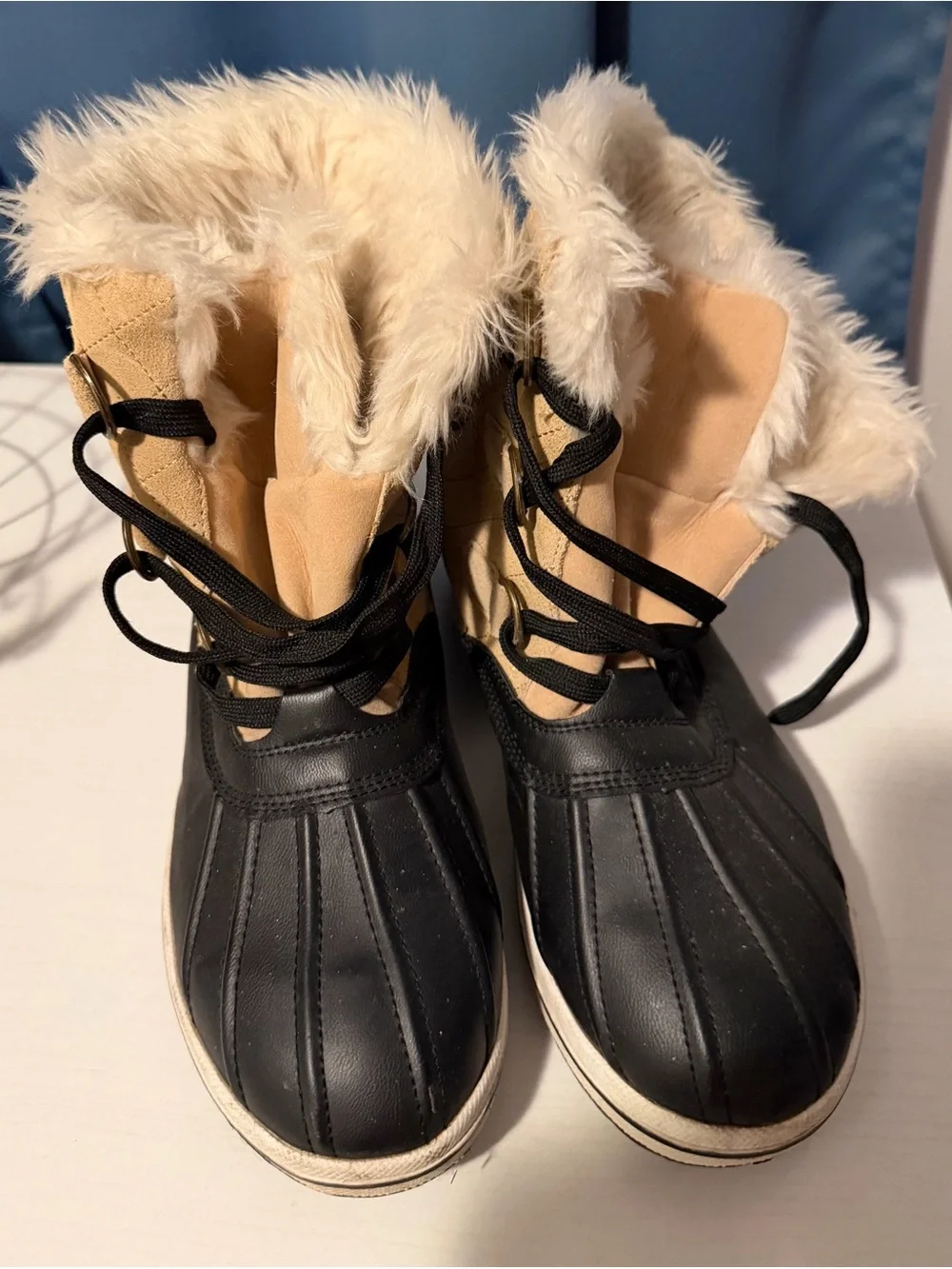 Faux-Fur Trim Winter Duck Boots - Black/Tan